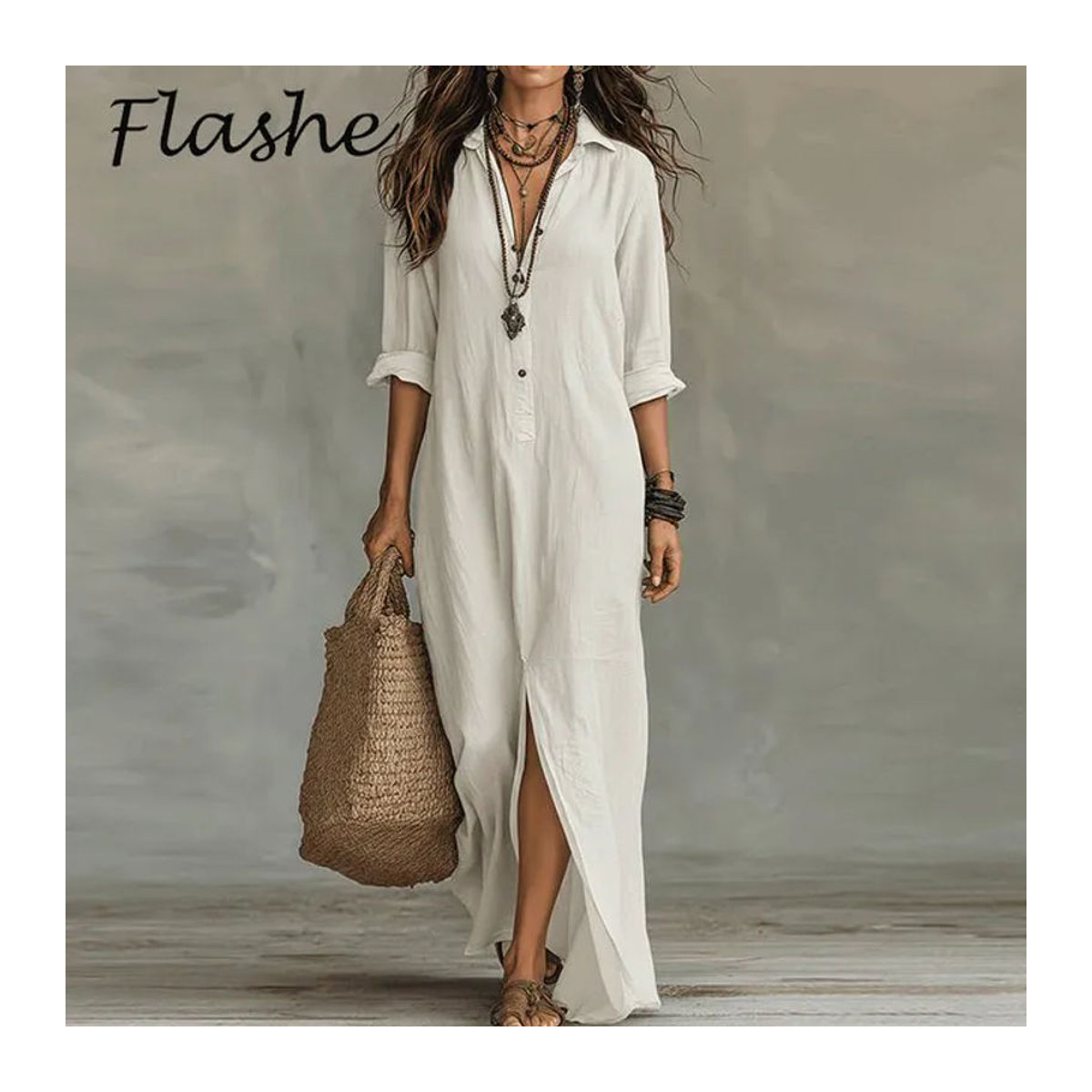 BISHAN Sommerkleid in Weiß mit Umlegekragen und Knöpfen im Boho-Stil für Damen - Bild 1