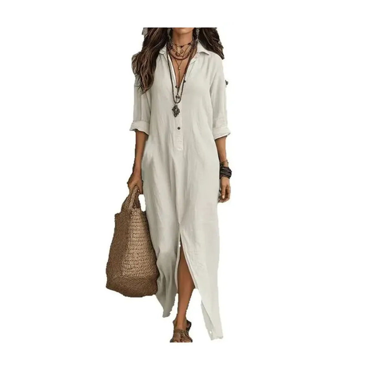 BISHAN Sommerkleid in Weiß mit Umlegekragen und Knöpfen im Boho-Stil für Damen - Bild 2