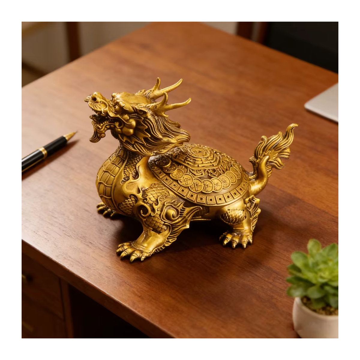 Bixie Beast Messing-Drachenschildkröte als goldene Schreibtisch-Statue für Feng Shui Reichtum und Schutz als dekoratives Kunstobjekt für dein Zuhause oder Büro - Bild 3