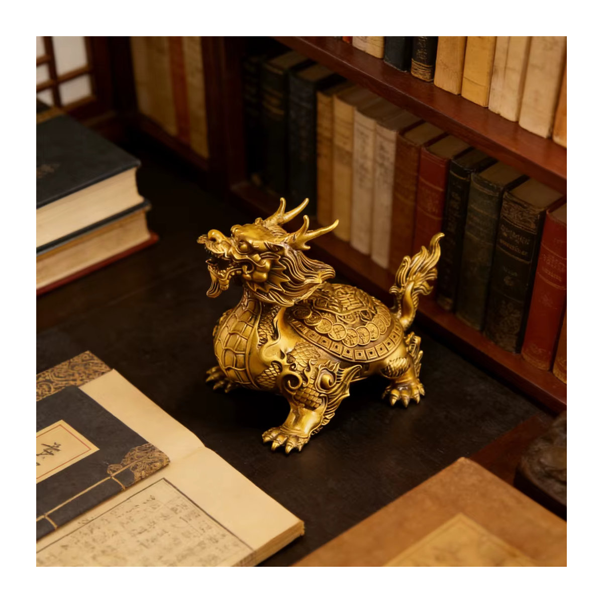 Bixie Beast Messing-Drachenschildkröte als goldene Schreibtisch-Statue für Feng Shui Reichtum und Schutz als dekoratives Kunstobjekt für dein Zuhause oder Büro - Bild 4