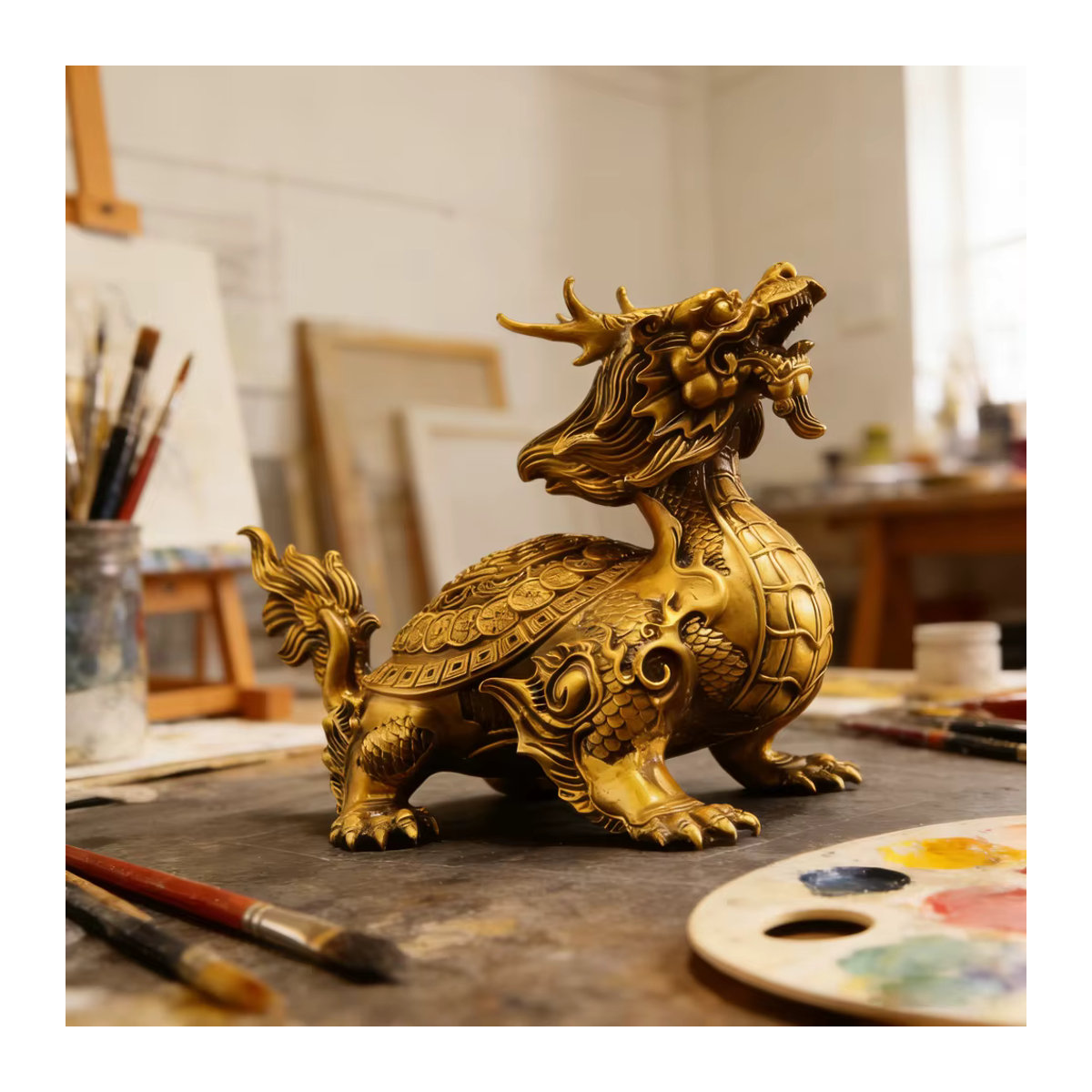 Bixie Beast Messing-Drachenschildkröte als goldene Schreibtisch-Statue für Feng Shui Reichtum und Schutz als dekoratives Kunstobjekt für dein Zuhause oder Büro - Bild 5