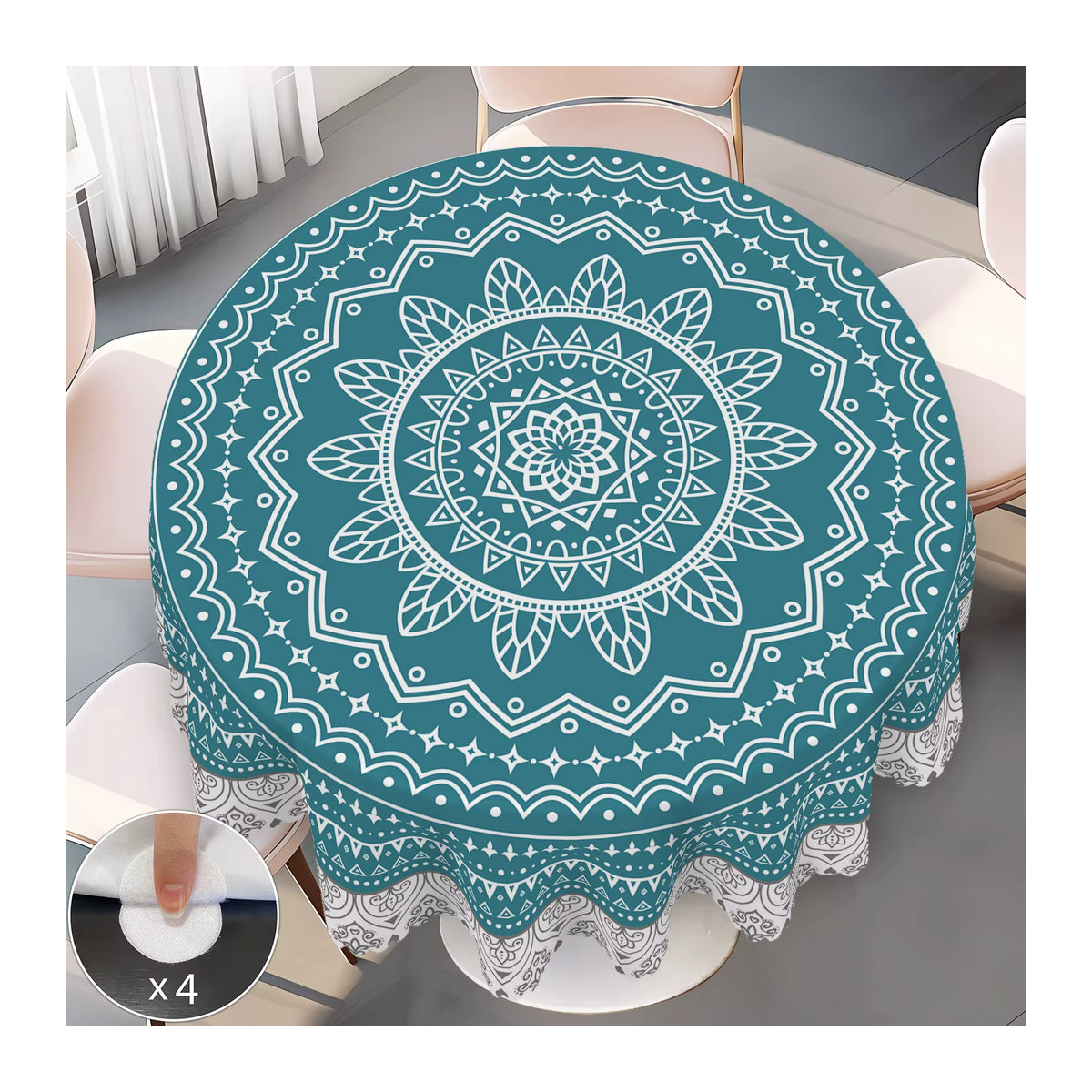 Blau gemusterte Polyester-Tischdecke mit geometrischen Bohemian-Formen und gewelltem Rand für deine Küchen- und Raumdekoration - Bild 3