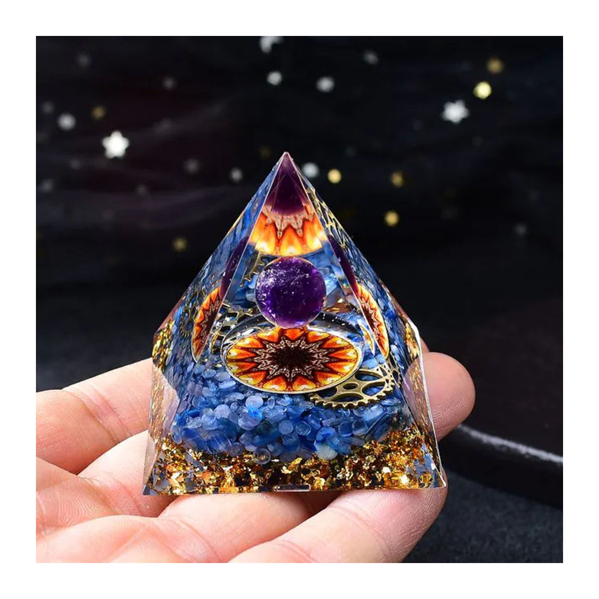 Blaue Lapislazuli-Kugel und Harz-Energiepyramide als dekorativer Heilstein im Bohemian-Stil - Bild 1