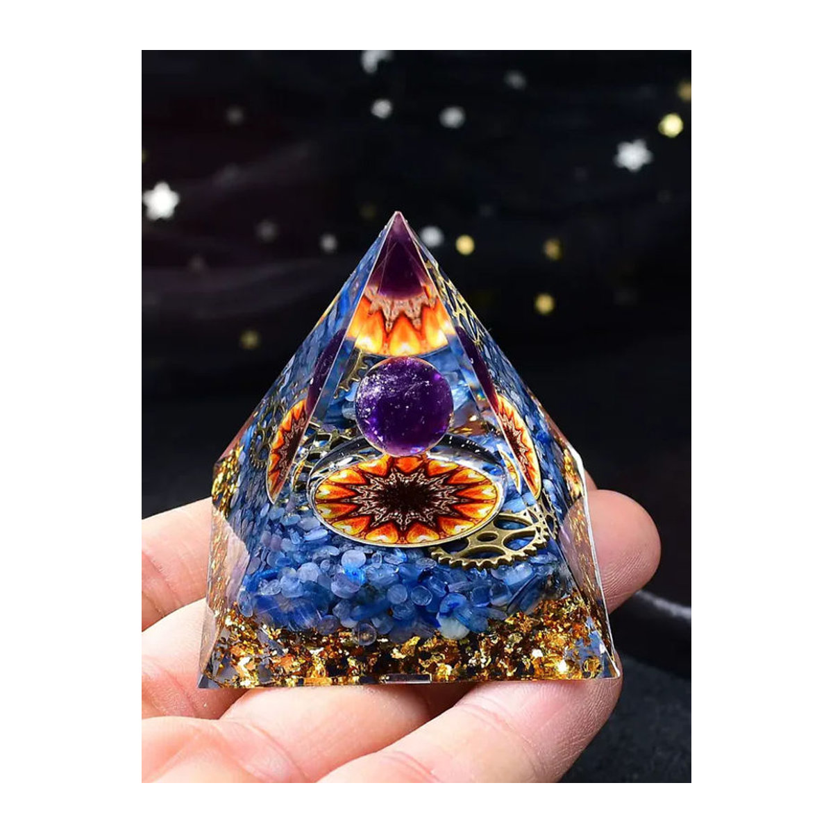 Blaue Lapislazuli-Kugel und Harz-Energiepyramide als dekorativer Heilstein im Bohemian-Stil - Bild 5