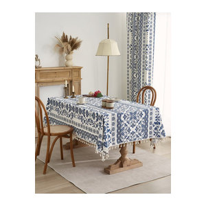 Blaue Tischdecke mit Blumenmuster aus Baumwolle und Leinen für deinen Couchtisch oder Esstisch