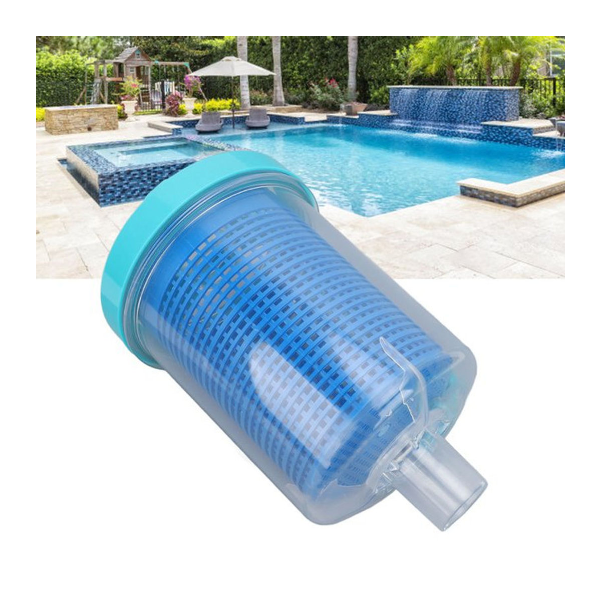 Blauer Inline Pool Blatt Kanister aus Kunststoff mit Mesh Korb als Pool Reiniger Blattfänger für Hayward W560 und Pentair R211084 - Bild 1