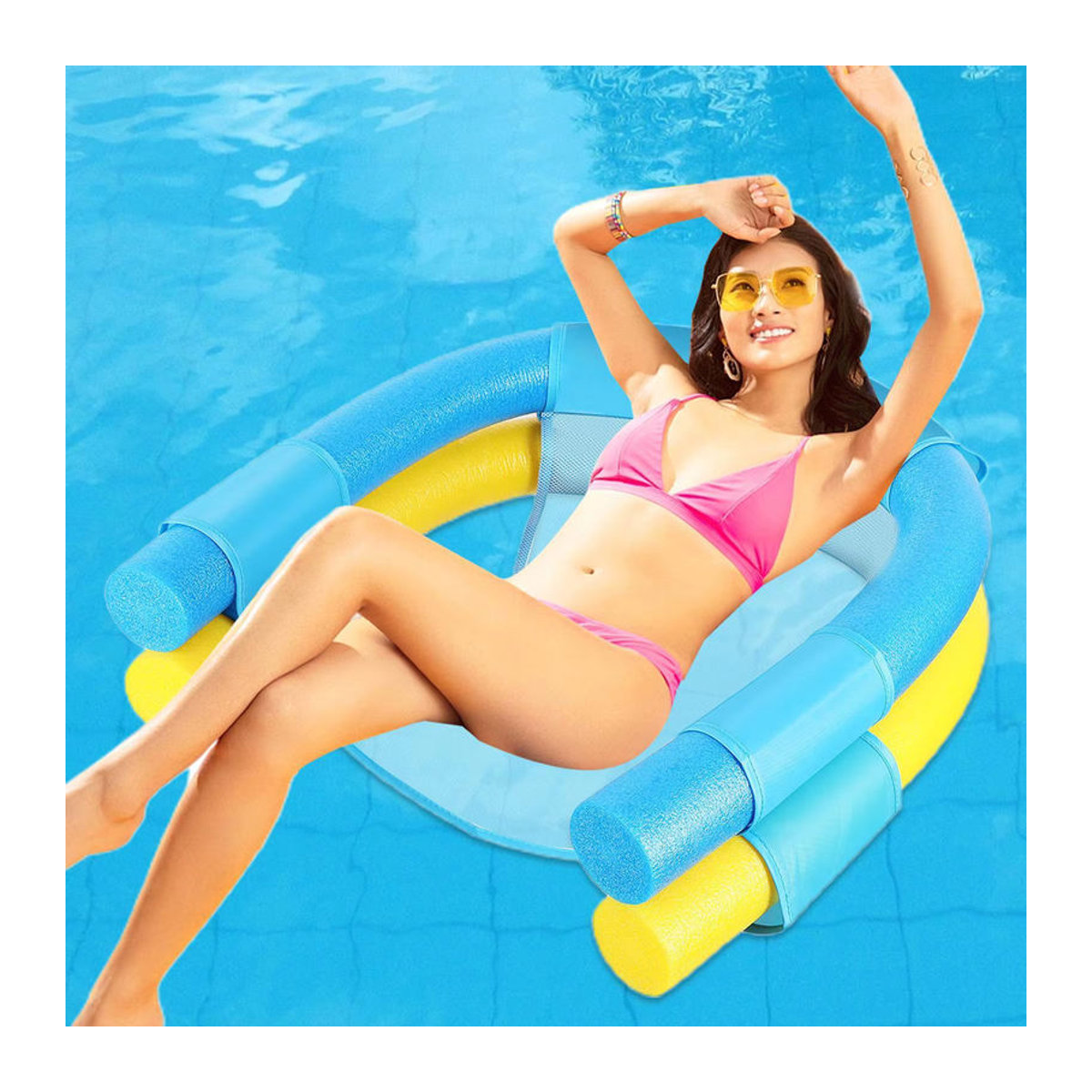 Blauer Mesh Pool Liegestuhl mit Schwimmring und Hängematte für das Schwimmbad - Bild 2
