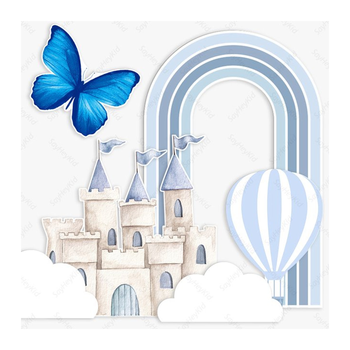 Blauer Party-Hintergrund aus Papier mit Burg und Heißluftballon für Babygeburtstage und Jungen-Partys - Bild 1