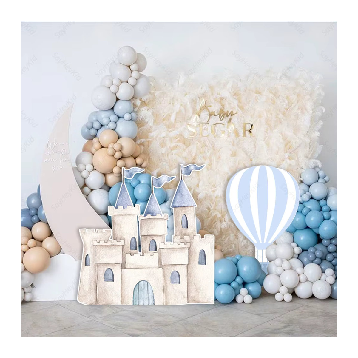 Blauer Party-Hintergrund aus Papier mit Burg und Heißluftballon für Babygeburtstage und Jungen-Partys - Bild 2