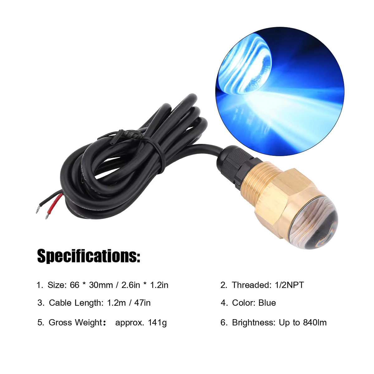 Blaues LED Unterwasserlicht für Marine und Boot mit 12V und 1/2 Zoll NPT Messing-Ablassschraube - Bild 5