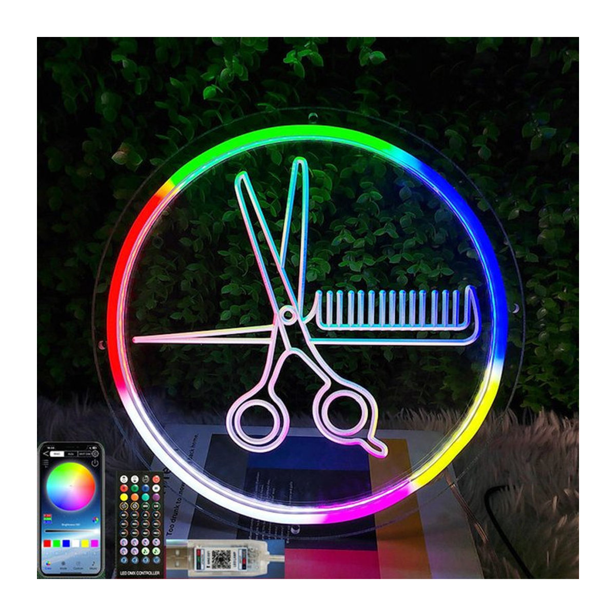 Bluetooth RGBIC Neon LED Schere Wanddeko für Friseursalons in Bunt - Bild 1