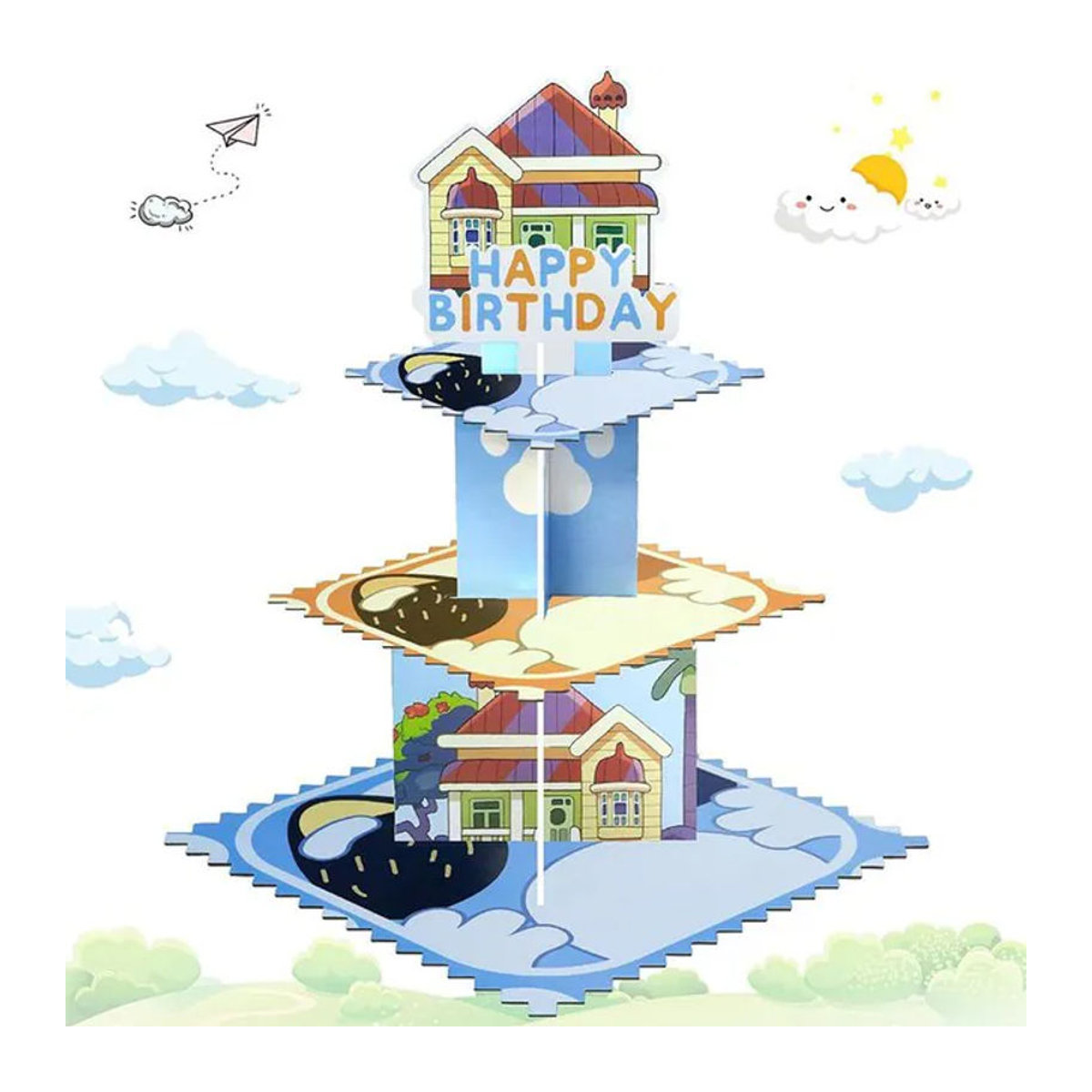 Bluey Cartoon 3-lagiger Kuchenturm aus Papier in Blau und Mehrfarbig für deine Geburtstagsfeier und Desserttisch-Dekoration - Bild 1