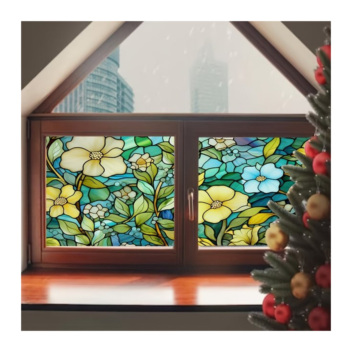 Blumen Fensterfolie zur Privatsphäre mit floralem Art Déco Design, elektrostatische Vinyl-Aufkleber für Glasfenster in Mehrfarbig, rechteckig - Bild 1