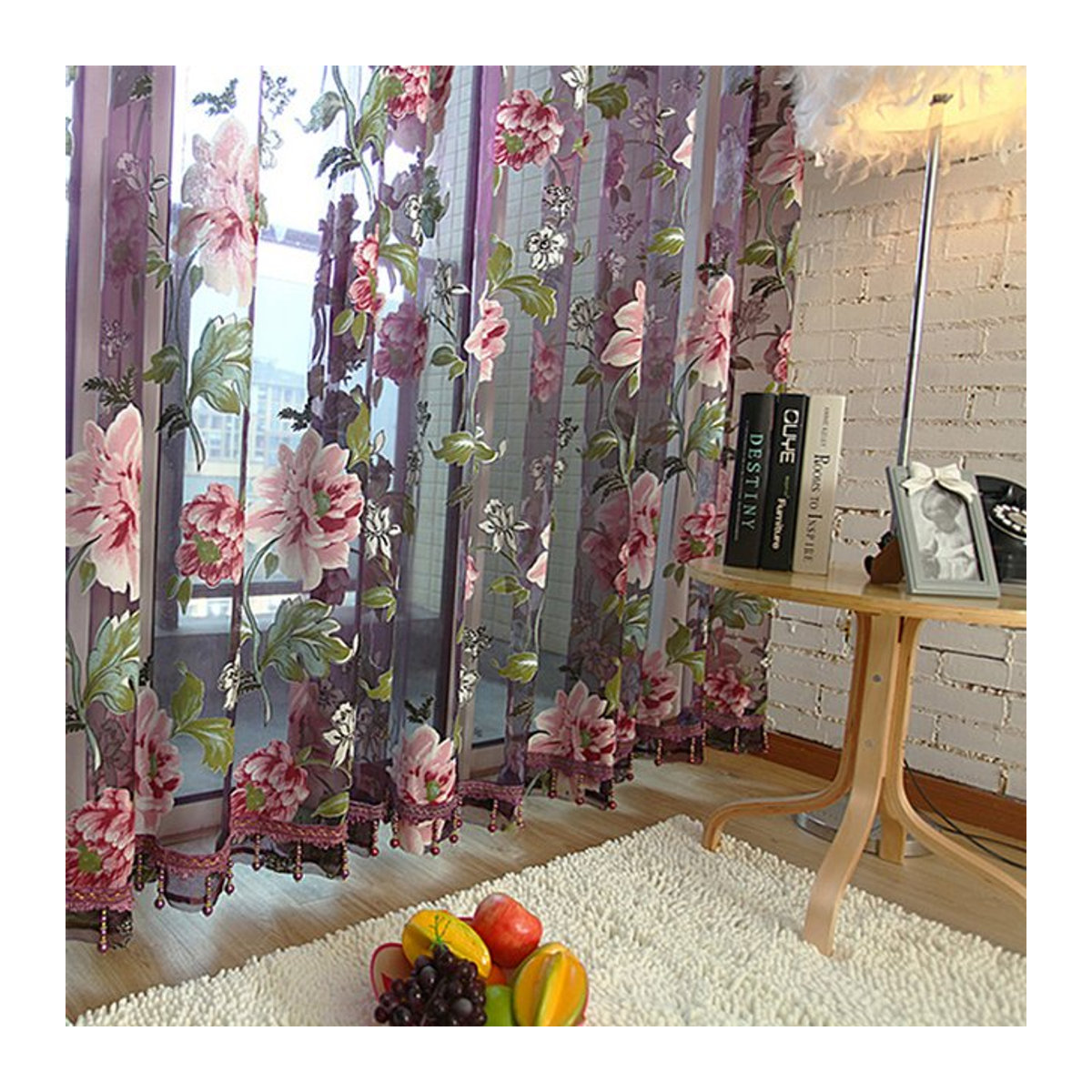 Blumen Tüll Vorhang mit Pfingstrosen-Design für Fenster und Raumteiler, Breite: 100 cm, Höhe: 200 cm - Bild 1