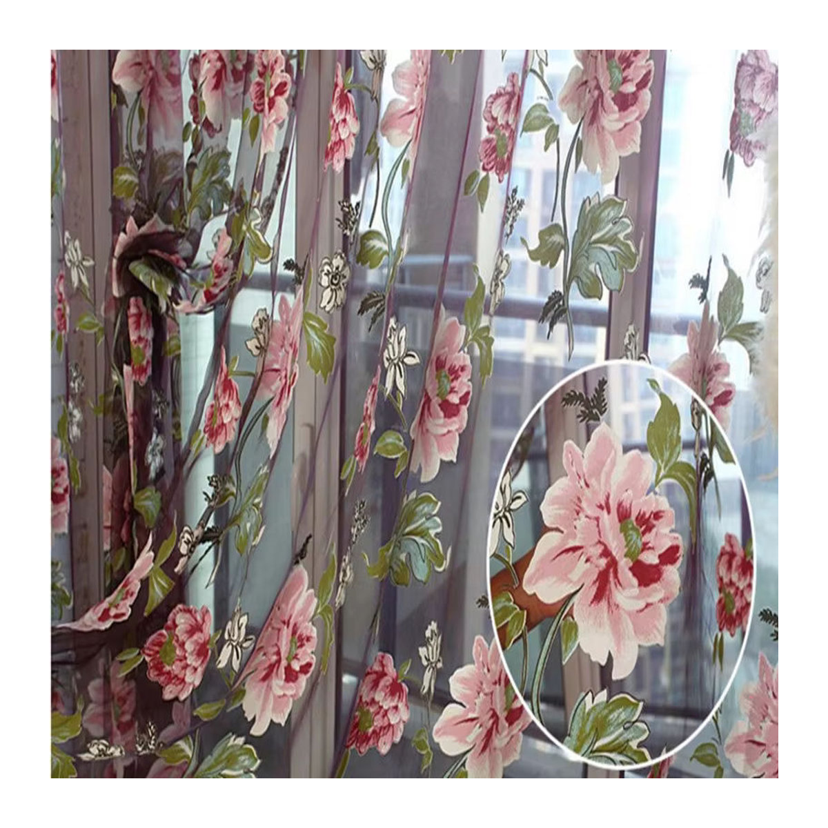 Blumen Tüll Vorhang mit Pfingstrosen-Design für Fenster und Raumteiler, Breite: 100 cm, Höhe: 200 cm - Bild 2