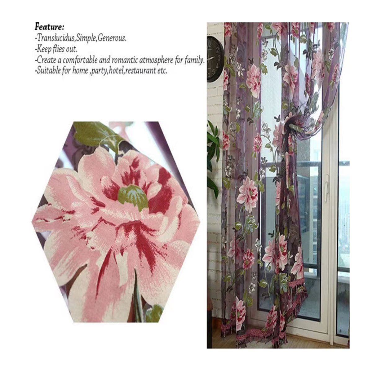 Blumen Tüll Vorhang mit Pfingstrosen-Design für Fenster und Raumteiler, Breite: 100 cm, Höhe: 200 cm - Bild 4