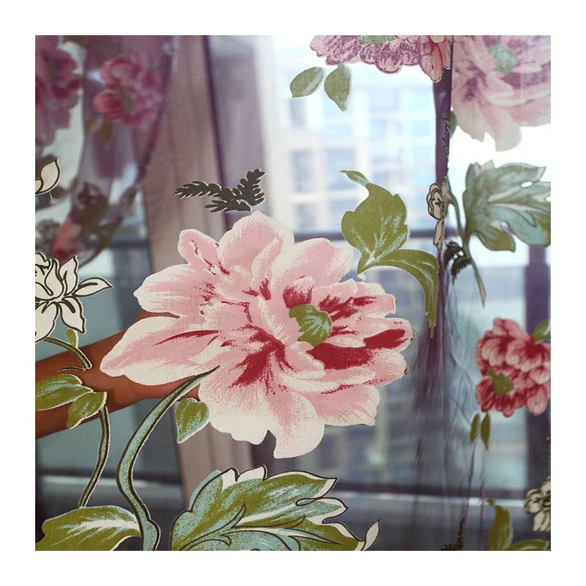 Blumen Tüll Vorhang mit Pfingstrosen-Design für Fenster und Raumteiler, Breite: 100 cm, Höhe: 200 cm - Bild 5