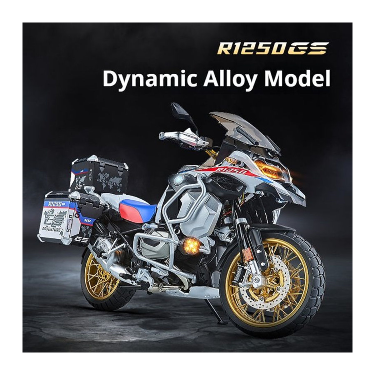 BMW GS R1250 ADV Motorradmodell aus Legierung in Schwarz und Mehrfarbig mit Sprühfunktion im Maßstab 1:7 - Bild 1