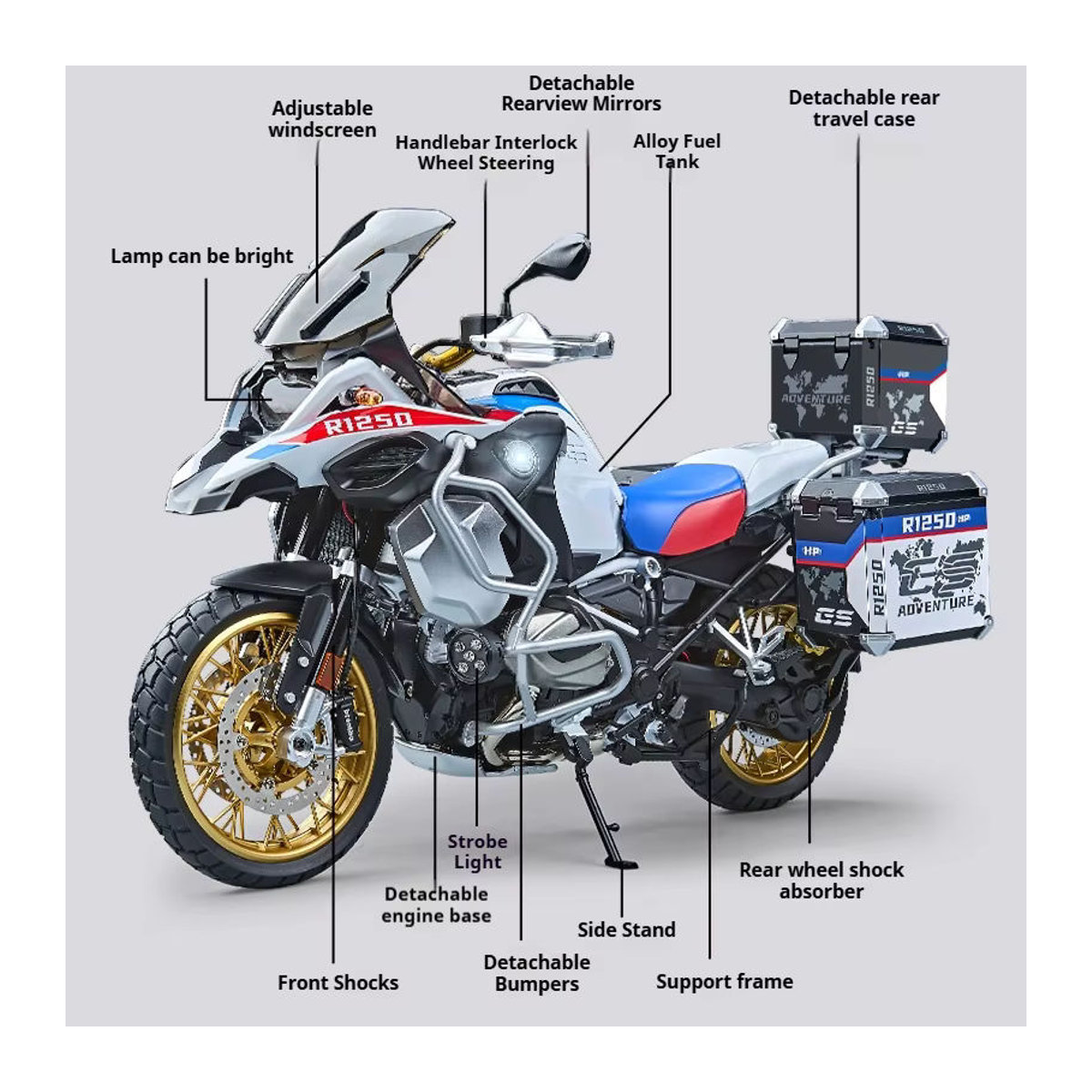 BMW GS R1250 ADV Motorradmodell aus Legierung in Schwarz und Mehrfarbig mit Sprühfunktion im Maßstab 1:7 - Bild 3