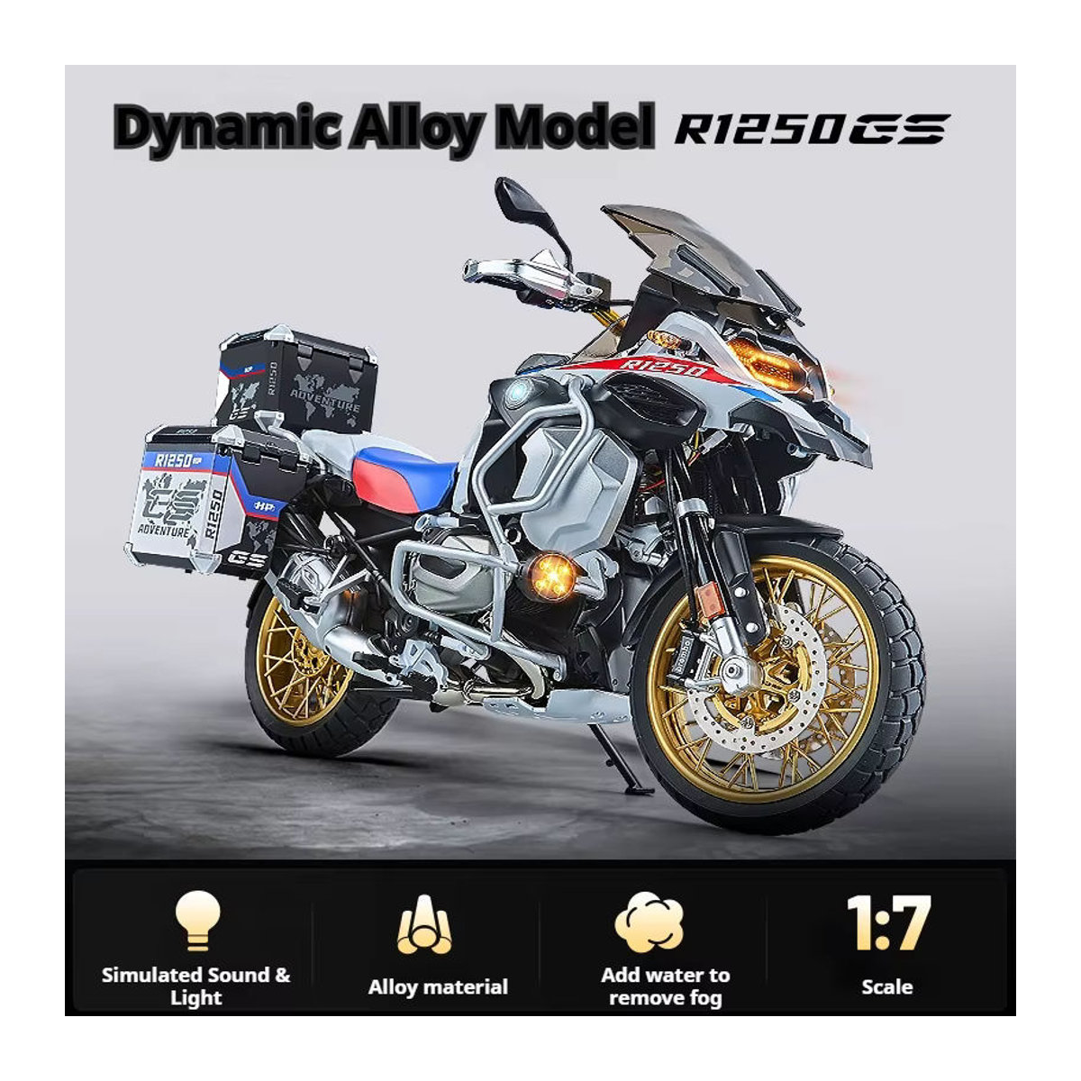 BMW GS R1250 ADV Motorradmodell aus Legierung in Schwarz und Mehrfarbig mit Sprühfunktion im Maßstab 1:7 - Bild 5