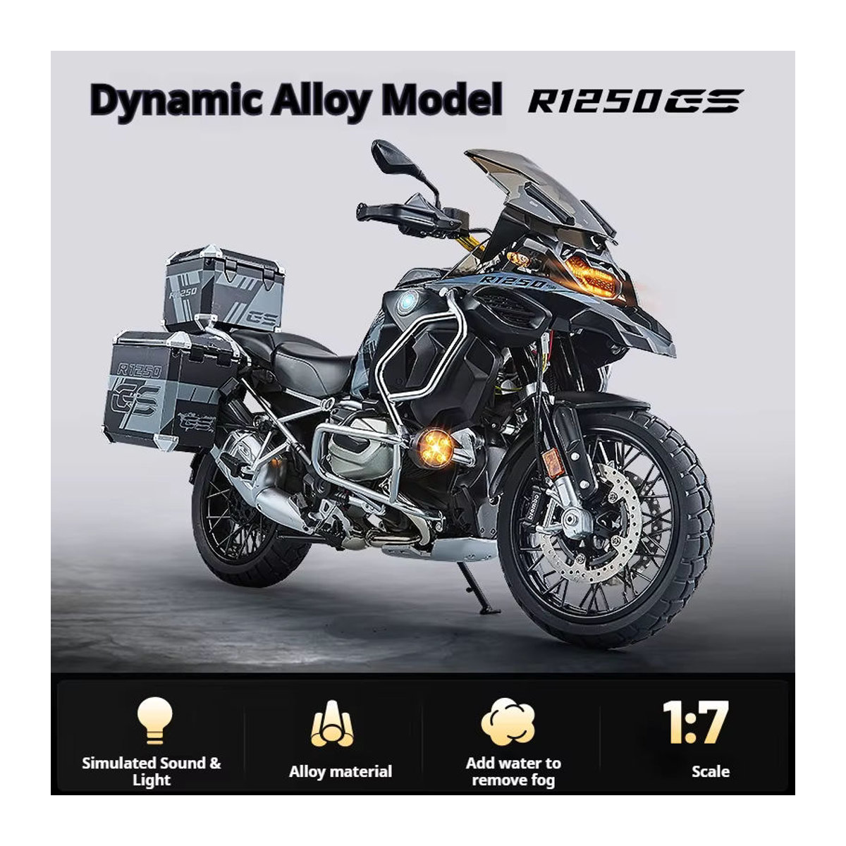 BMW GS R1250 ADV Motorradmodell aus Legierung in Schwarz und Mehrfarbig mit Sprühfunktion im Maßstab 1:7 - Bild 6