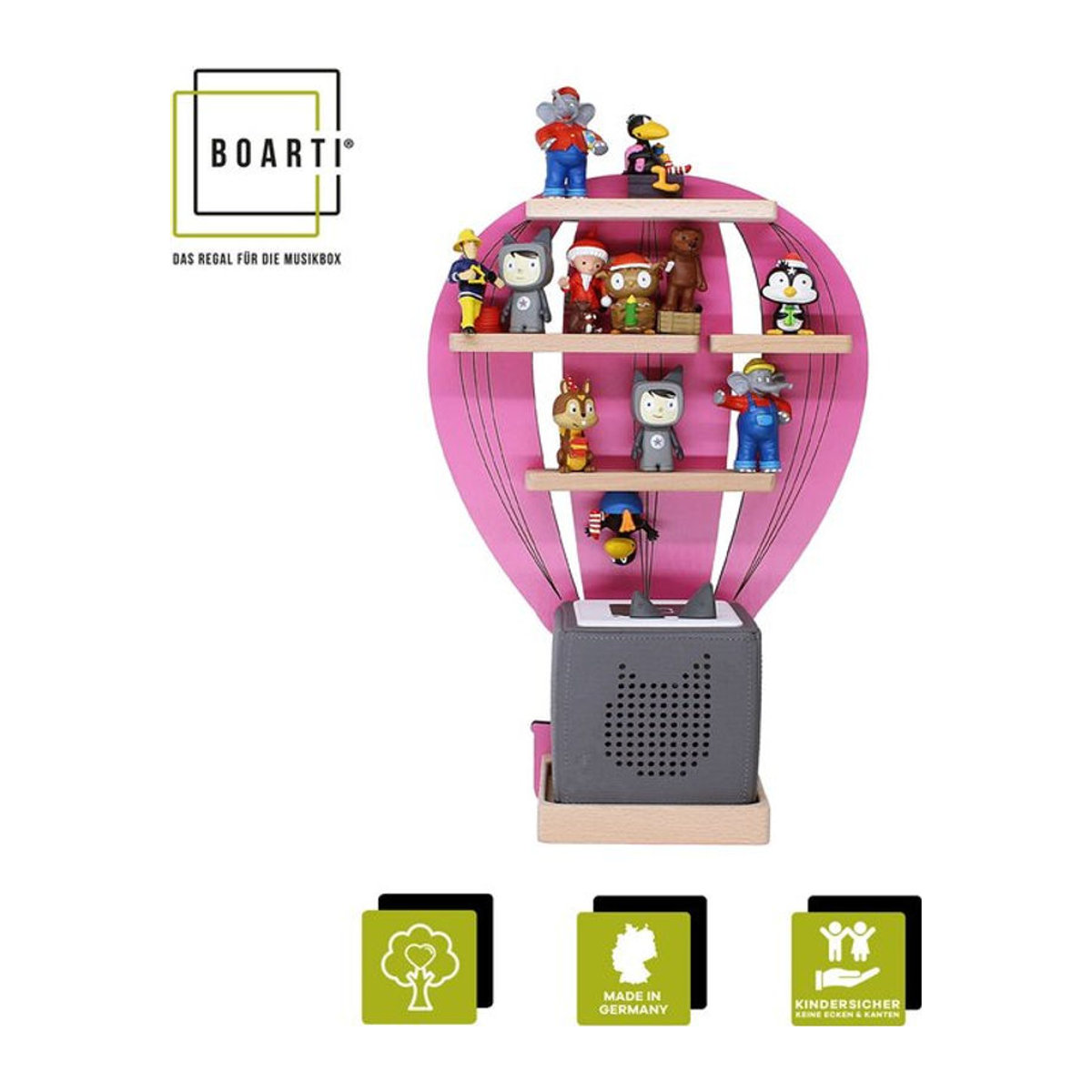 BOARTI Kinderregal Heißluftballon Wandregal für Toniebox und Tonie Figuren aus Holz und Metall, B/T/H: 30 x 19 x 48 cm, Bunt - Bild 2