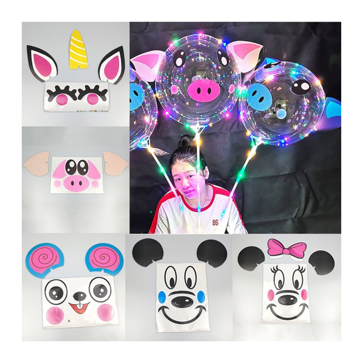 Bobo Ball 3D Tieraufkleber für Ballondekoration mit Schweinekopf, Einhorn, Katze und Kaninchen in Rosa und Transparent - Bild 1