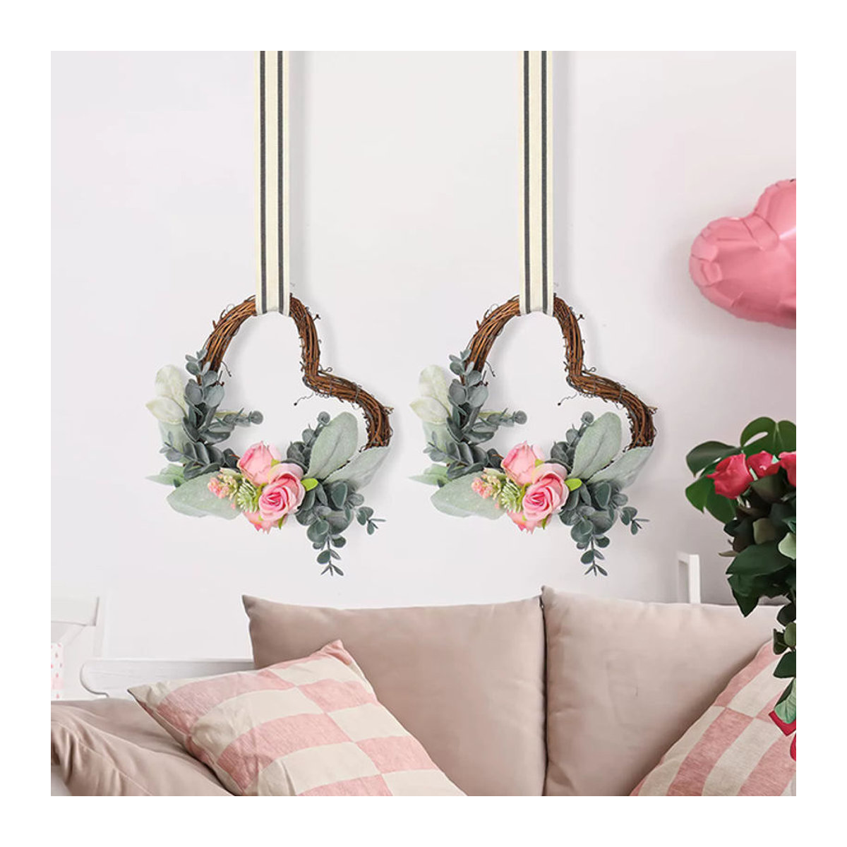 Bohemian Blumenkranz aus Rattan mit floraler Dekoration in Grün und Mehrfarbig als hängender Wandbehang - Bild 1