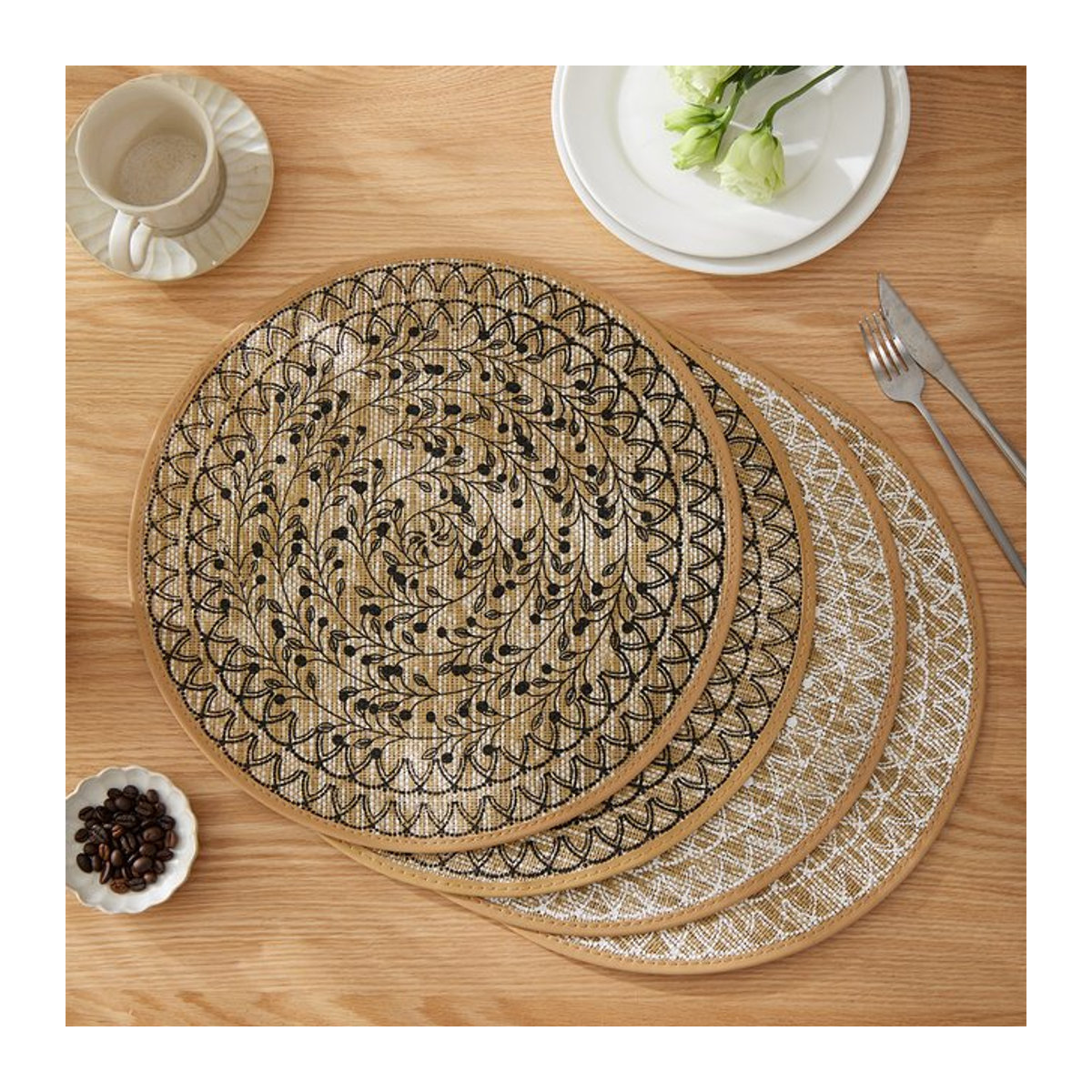 Bohemian Jute Tischsets Set aus rutschfestem Material in Beige und Schwarz für deine Küche oder Hochzeit - Bild 1