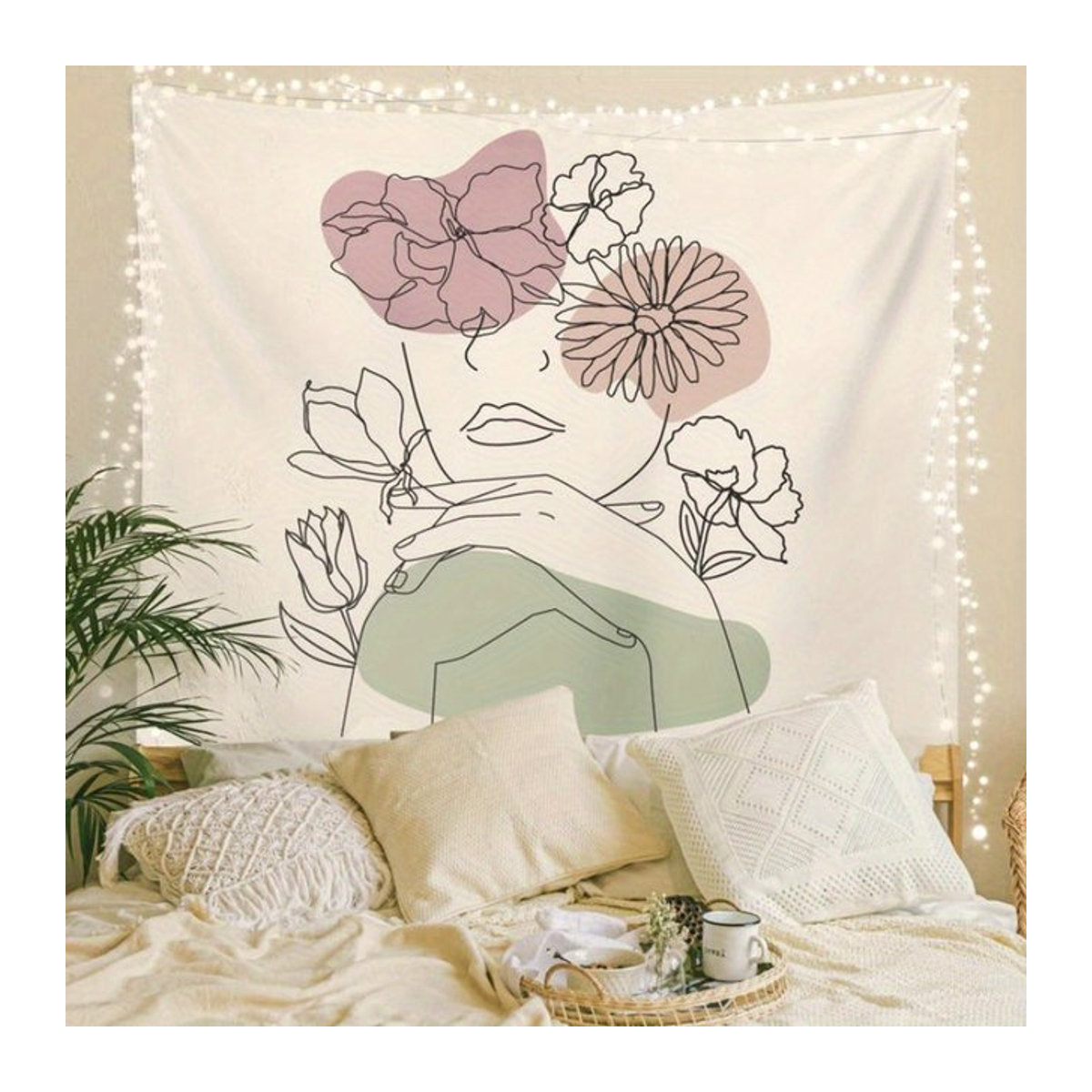 Bohemian Line Art Wandteppich in Weiß mit abstraktem Landschaftsthema, Textil-Wanddekoration, B/H: 60 x 60 cm - Bild 1