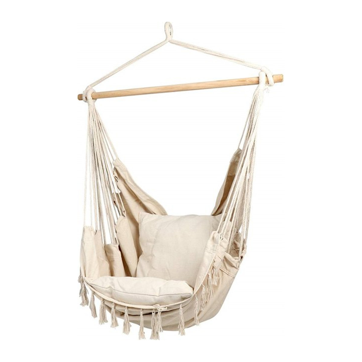 Bohemian Makramee Hängesessel in Beige und Cream mit 2 Kissen und Tasche für Erwachsene - Bild 1