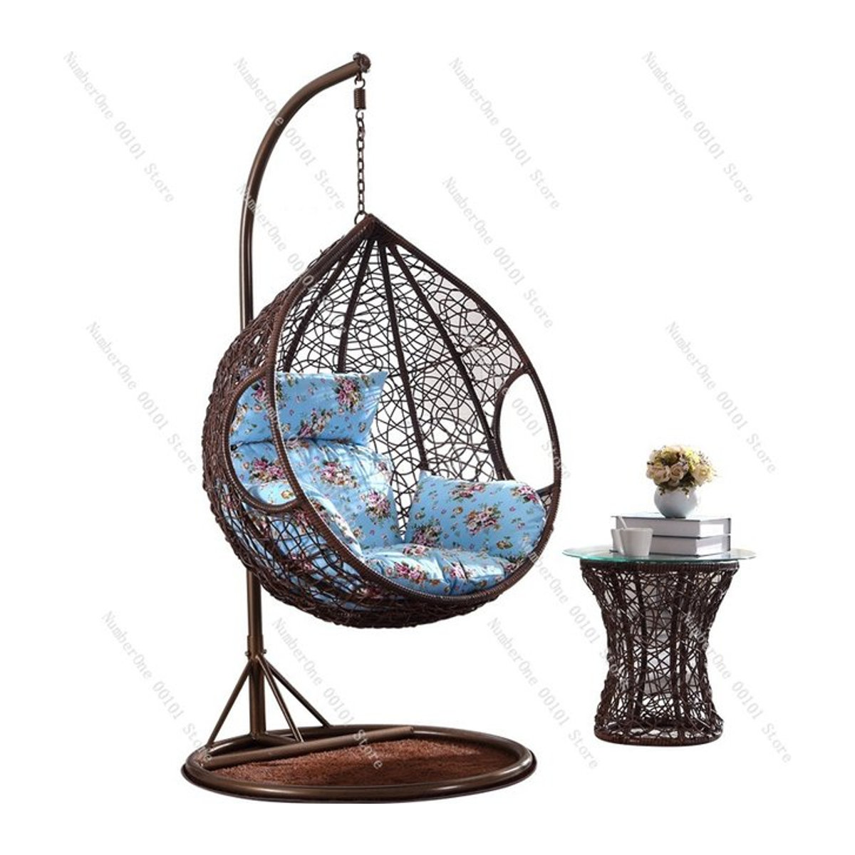 Bohemian Rattan-Hängekorb-Schaukelstuhl in Braun mit weichem Kissen - Bild 1