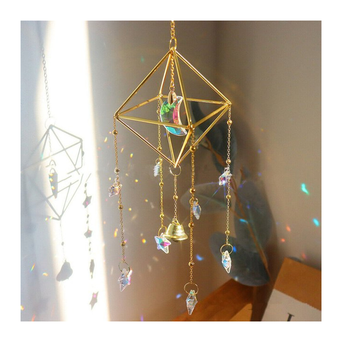 Bohemian Stern und Mond Kristall Sonnenfänger aus K9 Glas in Gold als hängendes Windspiel für Garten und Fenster - Bild 1