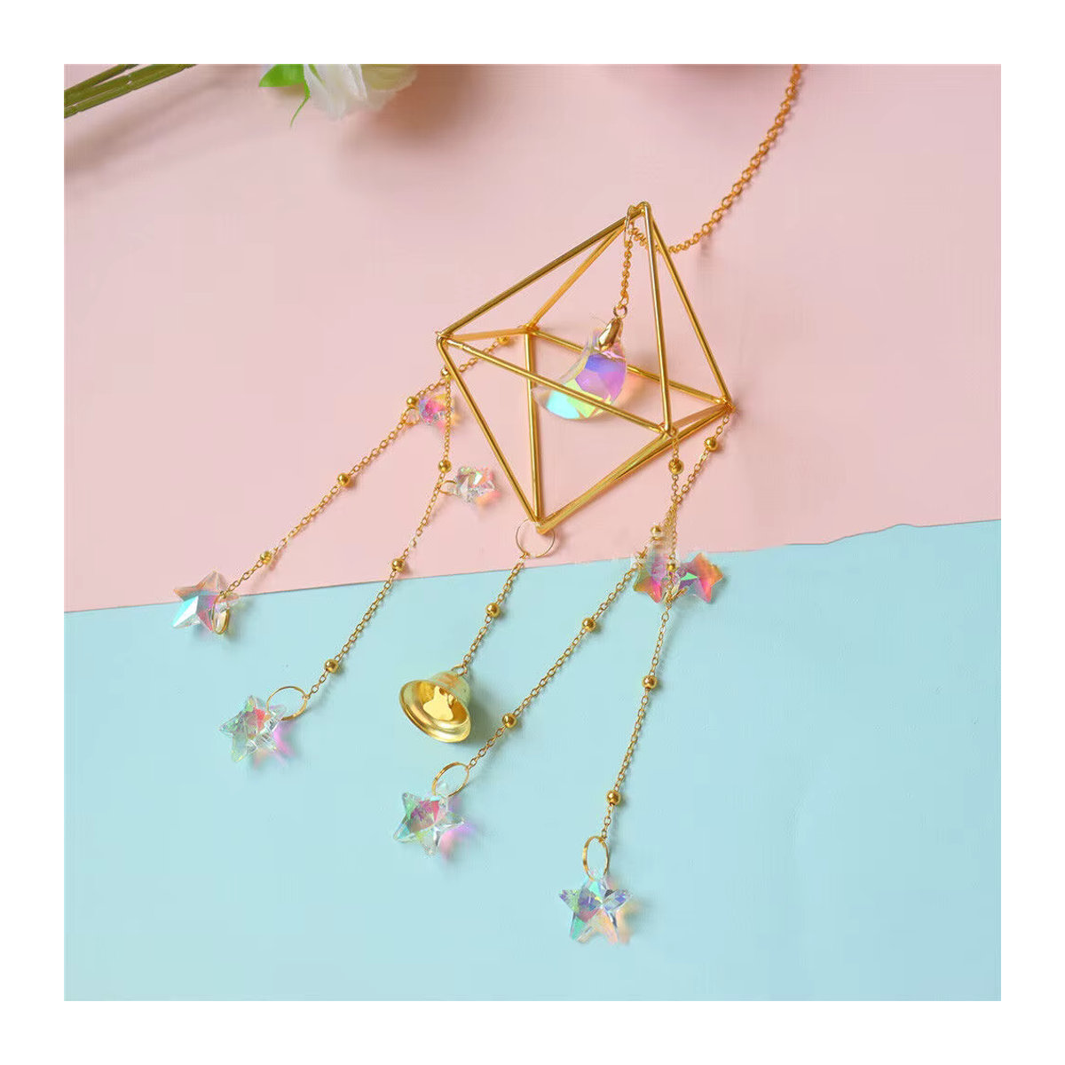 Bohemian Stern und Mond Kristall Sonnenfänger aus K9 Glas in Gold als hängendes Windspiel für Garten und Fenster - Bild 3