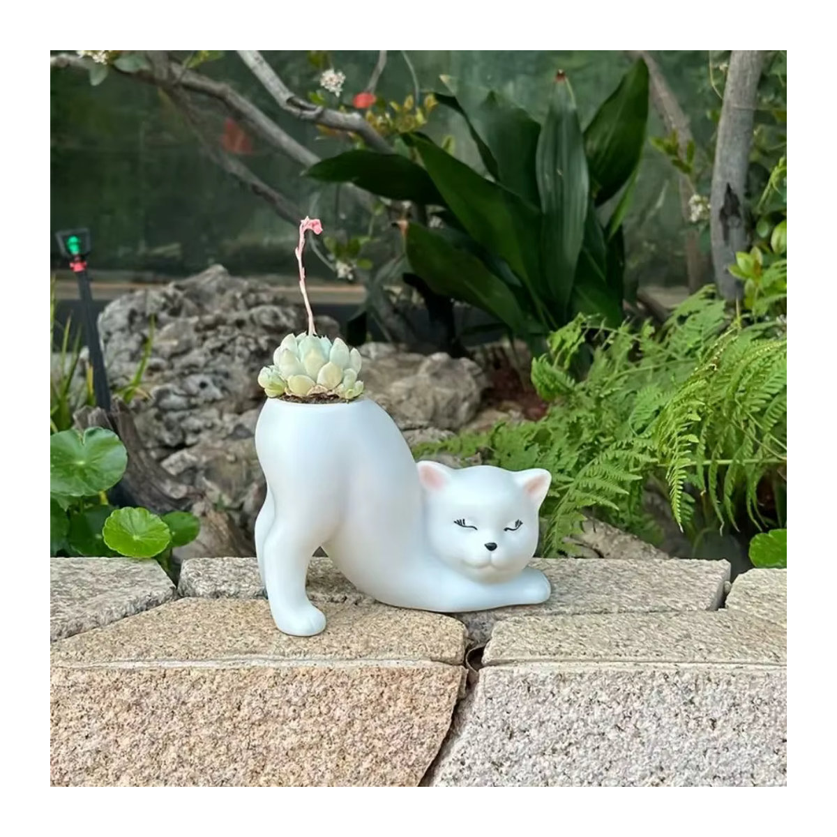 Bohemian-Style Blumentopf aus weißem Kunstharz mit schlafendem Katzenmotiv - Bild 6