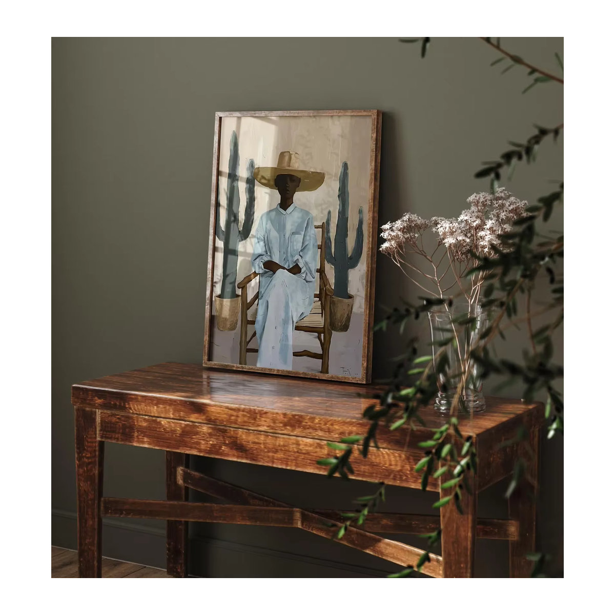 Bohemian Wandkunst Porträt mit floralen Elementen in Beige von SHENCHEN, Hochformat, Rechteckig - Bild 6