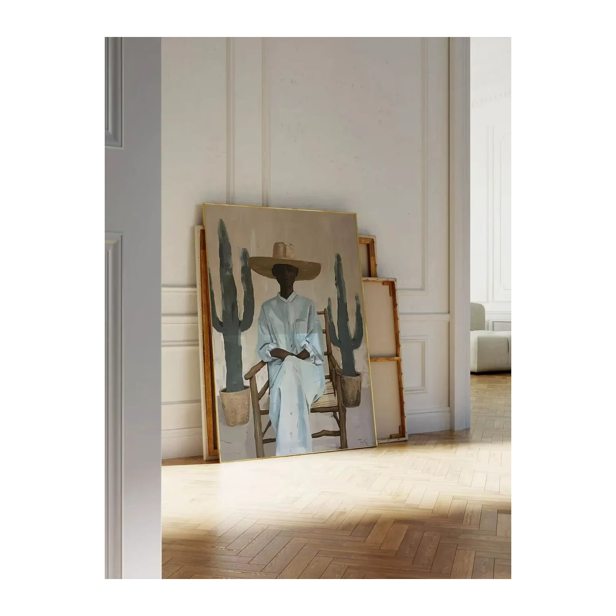 Bohemian Wandkunst Porträt mit floralen Elementen in Beige von SHENCHEN, Hochformat, Rechteckig - Bild 7