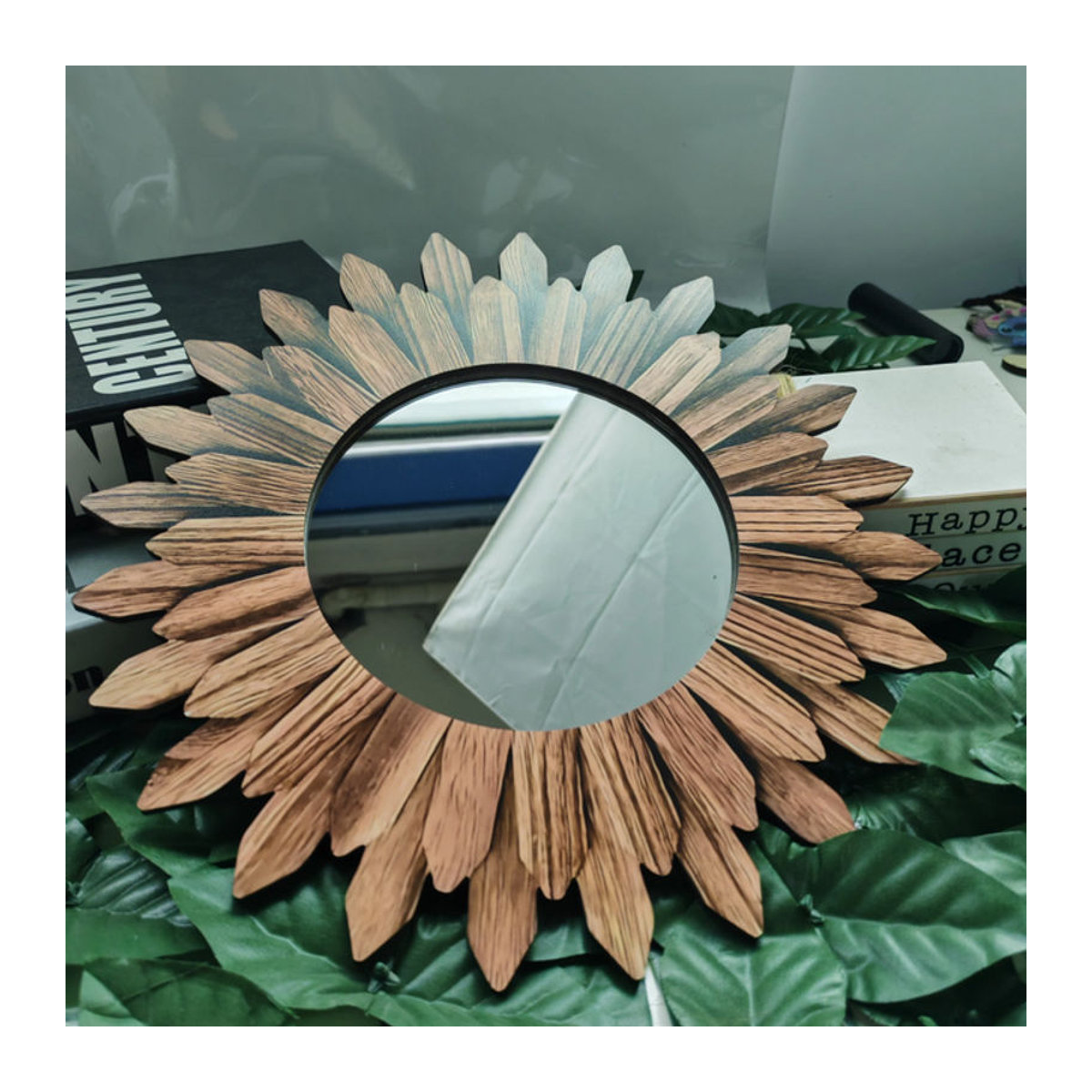 Bohemian Wandspiegel mit Sonnenblumen-Design aus Holz und Acryl, Braun, Durchmesser: 30,48 cm - Bild 1