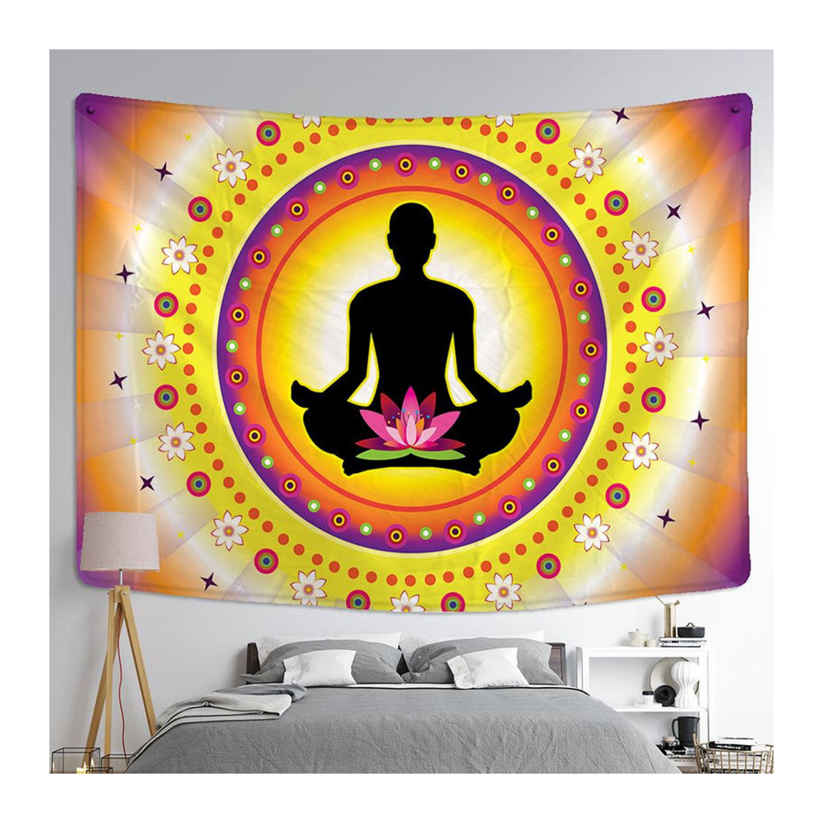 Bohemian Wandteppich mit Buddha Statue und Mandala Design, mehrfarbig, Textil, B: 95 cm, H: 70 cm - Bild 3