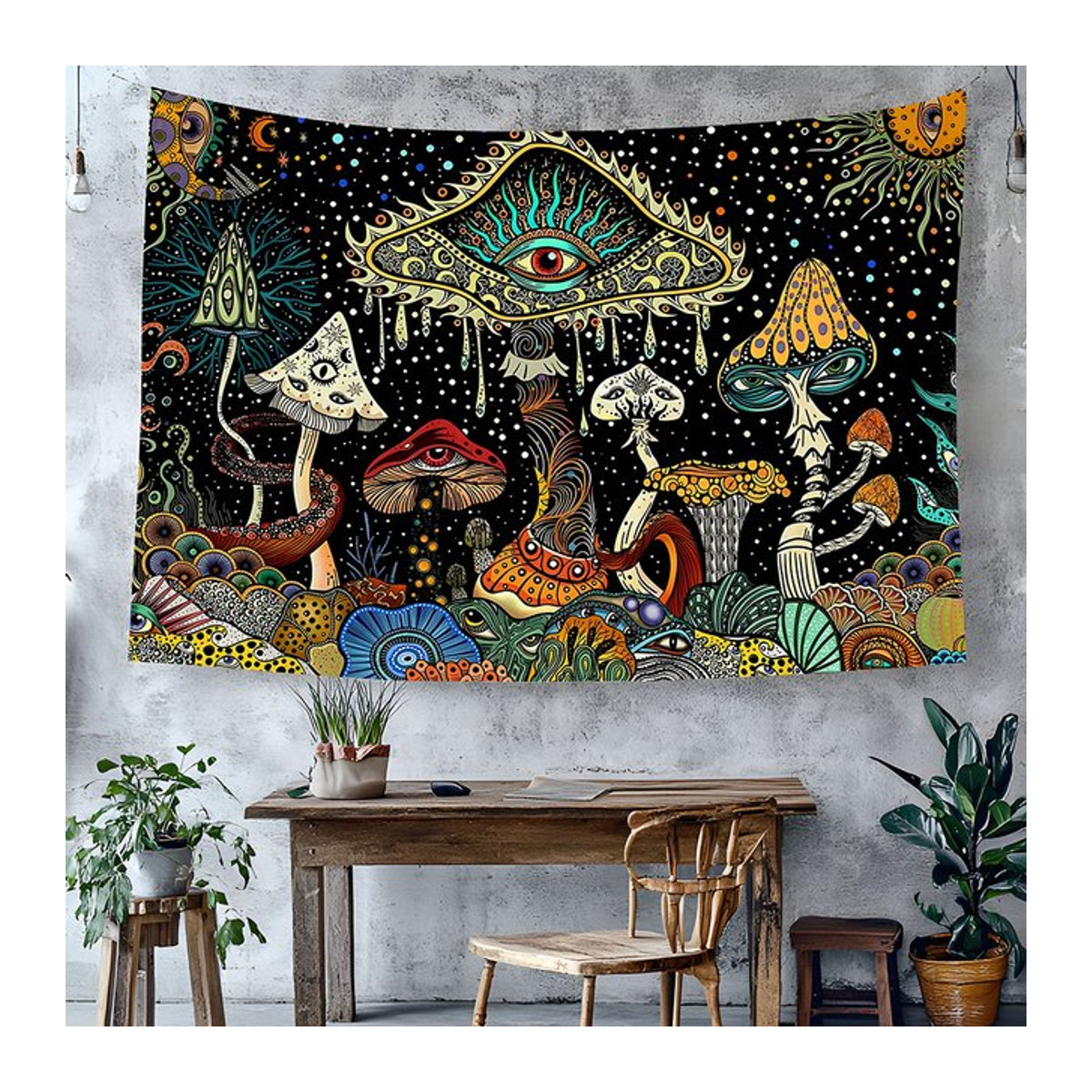 Bohemian Wandteppich von RoarGosh mit psychedelischem Pilz- und Augen-Motiv in Mehrfarbig, abstrakter Wandbehang im Rechteck-Design - Bild 1