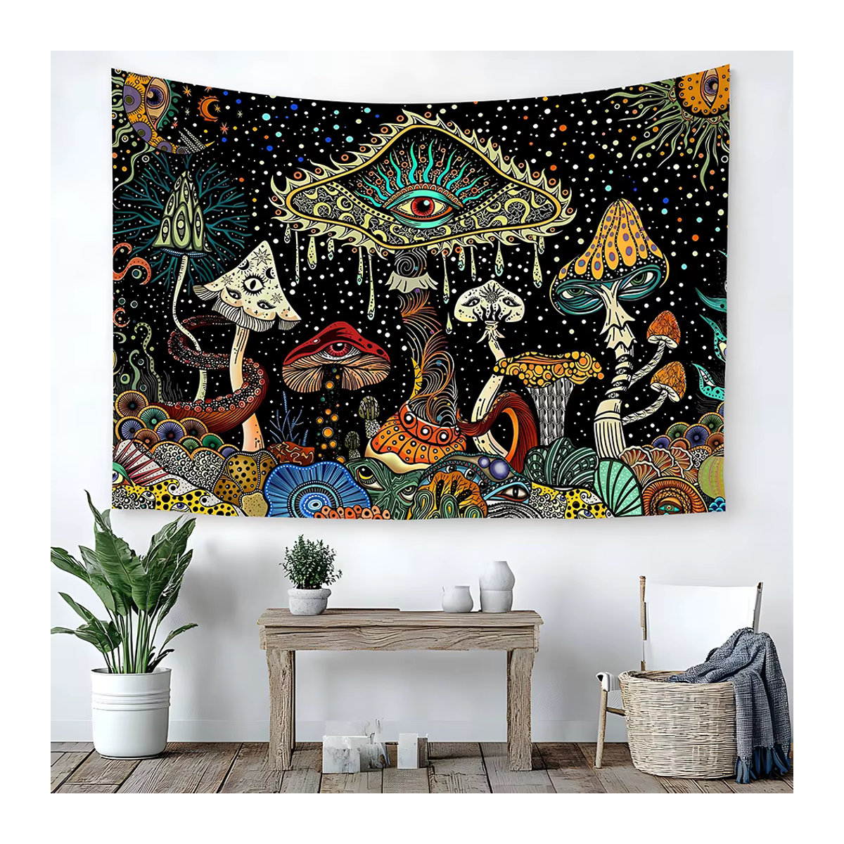 Bohemian Wandteppich von RoarGosh mit psychedelischem Pilz- und Augen-Motiv in Mehrfarbig, abstrakter Wandbehang im Rechteck-Design - Bild 2