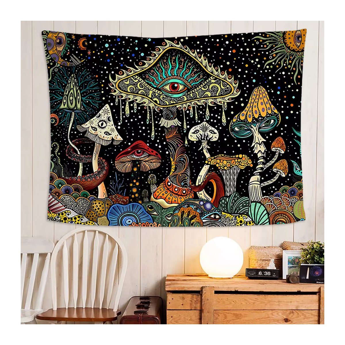 Bohemian Wandteppich von RoarGosh mit psychedelischem Pilz- und Augen-Motiv in Mehrfarbig, abstrakter Wandbehang im Rechteck-Design - Bild 3