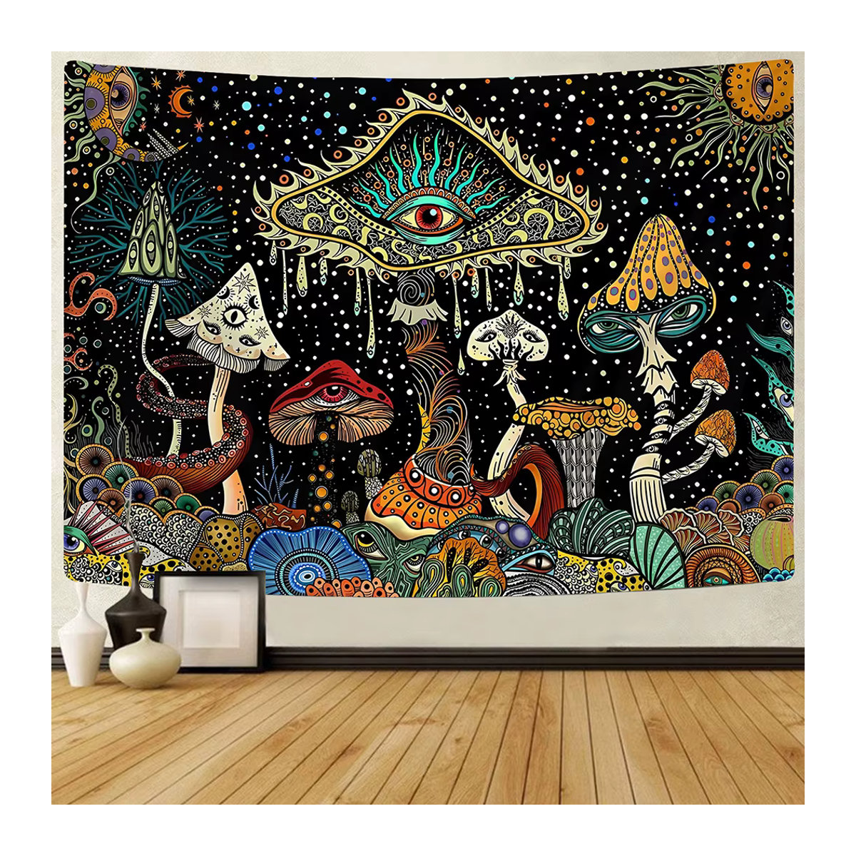 Bohemian Wandteppich von RoarGosh mit psychedelischem Pilz- und Augen-Motiv in Mehrfarbig, abstrakter Wandbehang im Rechteck-Design - Bild 4