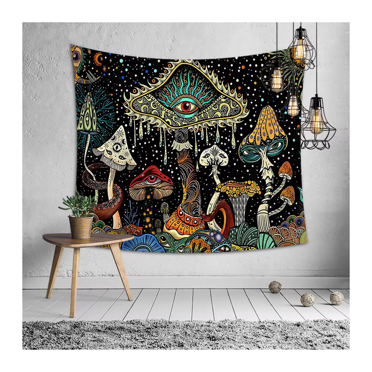 Bohemian Wandteppich von RoarGosh mit psychedelischem Pilz- und Augen-Motiv in Mehrfarbig, abstrakter Wandbehang im Rechteck-Design - Bild 5