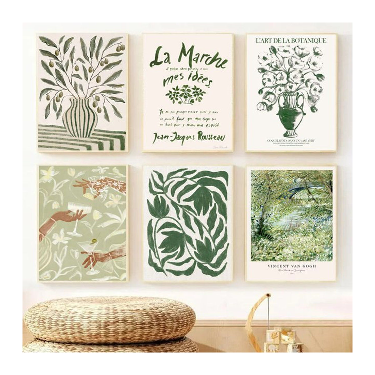Boho Abstrakte Mädchen mit Cocktail und Vase Leinwandbild im Hochformat, Mehrfarbiges Wandbild mit floralen Elementen für dein Wohnzimmer Dekor - Bild 1