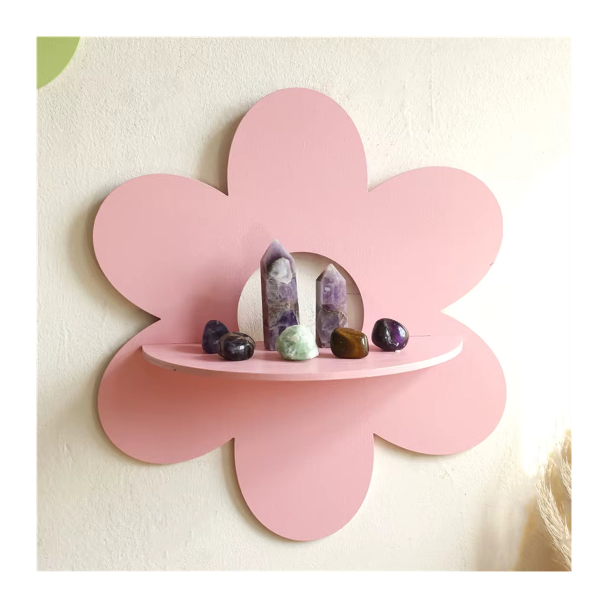 Boho Blume Kristall Wandregal aus Holz in Grün für Wohnzimmer und Schlafzimmer - Bild 4
