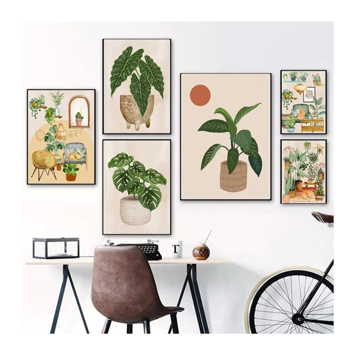 Boho Leinwandbild Potdemiel mit abstrakter Sonne, Monstera Blättern und Katze in mehrfarbigem Design für deine Wanddekoration - Bild 1