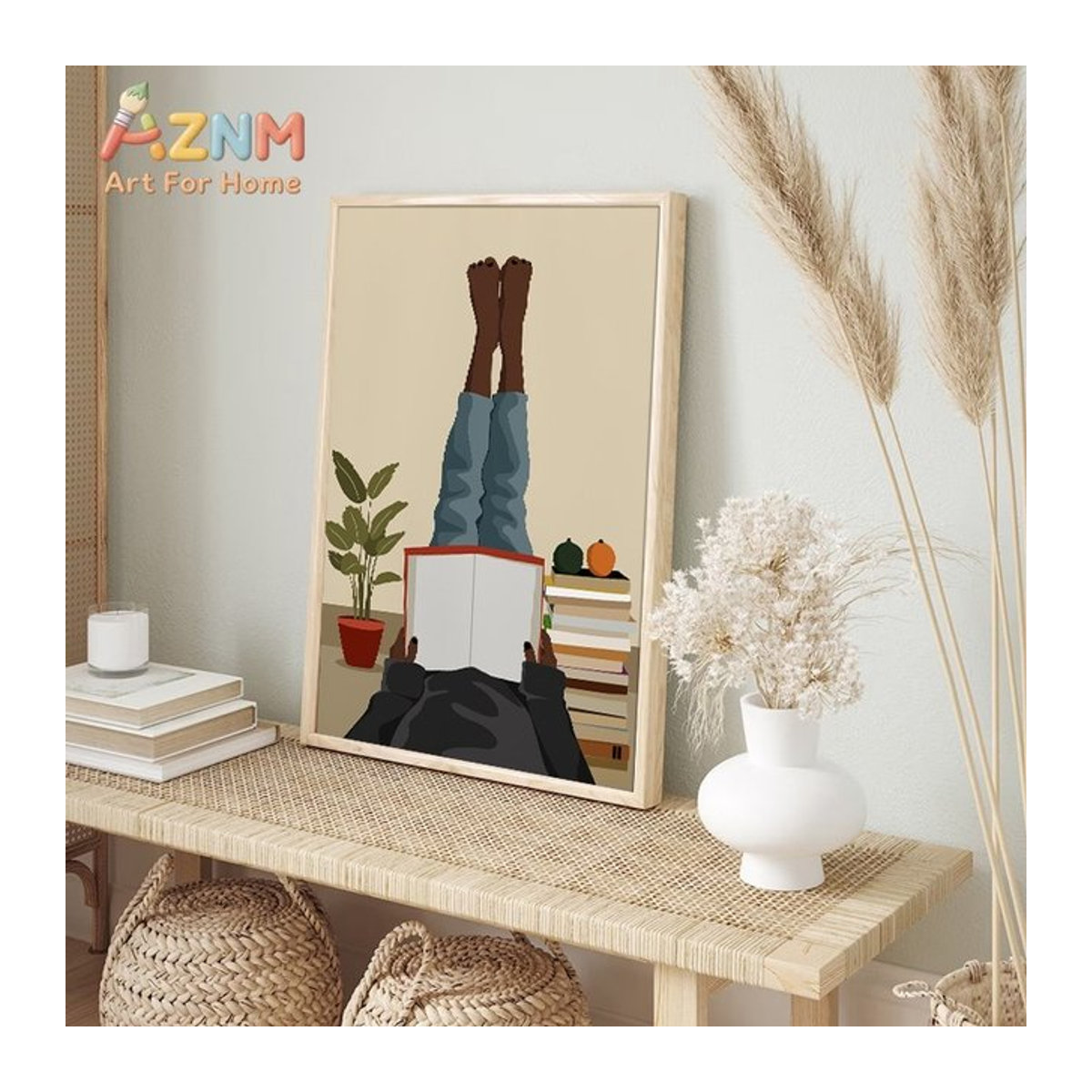 Boho Leinwandbild Potdemiel Porträt einer lesenden afrikanischen Frau in Beige als Wandkunst für dein Wohnzimmer - Bild 1