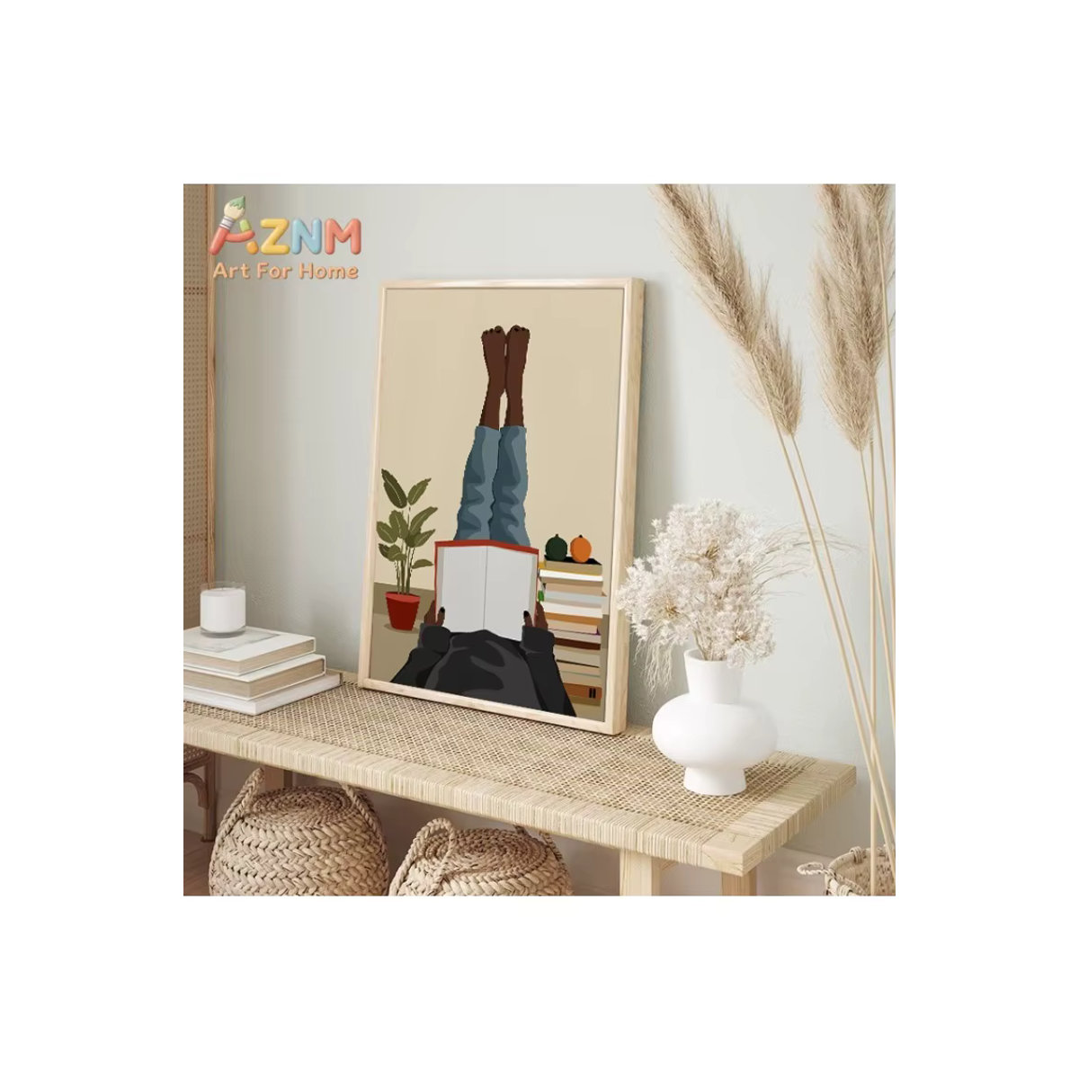 Boho Leinwandbild Potdemiel Porträt einer lesenden afrikanischen Frau in Beige als Wandkunst für dein Wohnzimmer - Bild 2