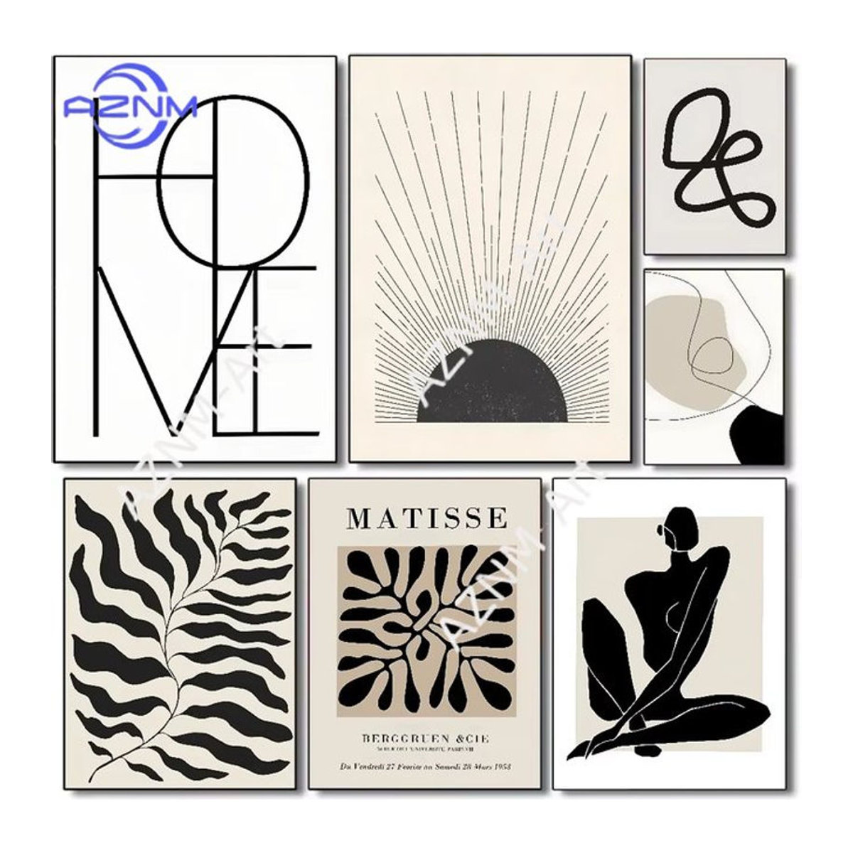 Boho Matisse-inspiriertes Leinwand-Wandkunst-Set von AZNM mit abstrakter Typografie und Buchstaben in Schwarz-Weiß für deine moderne Dekoration - Bild 1